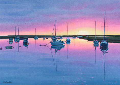 A watercolour painting of a cloudy sunrise across the harbour at Wells-Next-the-Sea by Margaret Heath RSMA.